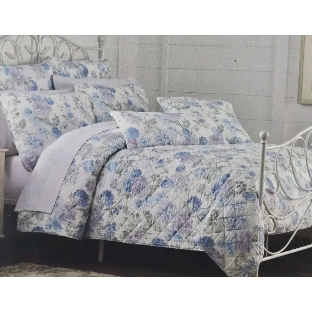Shabby Chic Rose Floral KING Quilt Linen Cotton NEW Cottage Farmhouse Coquette
